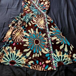 Donna Morgan Floral Wrap Dress with Blue and Brown Pattern